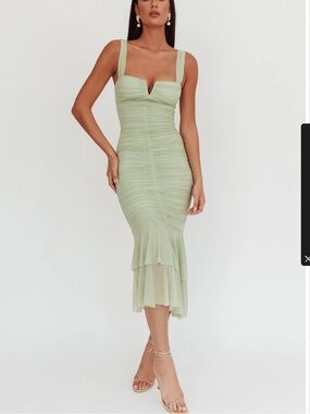 Nadia Ruched Fishtail Maxi Dress Pistachio